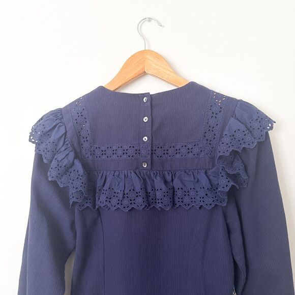 Doen Minore Dress Navy Size S Eyelet Collared Long Sleeve Organic Cotton Cottage - Picture 10 of 13
